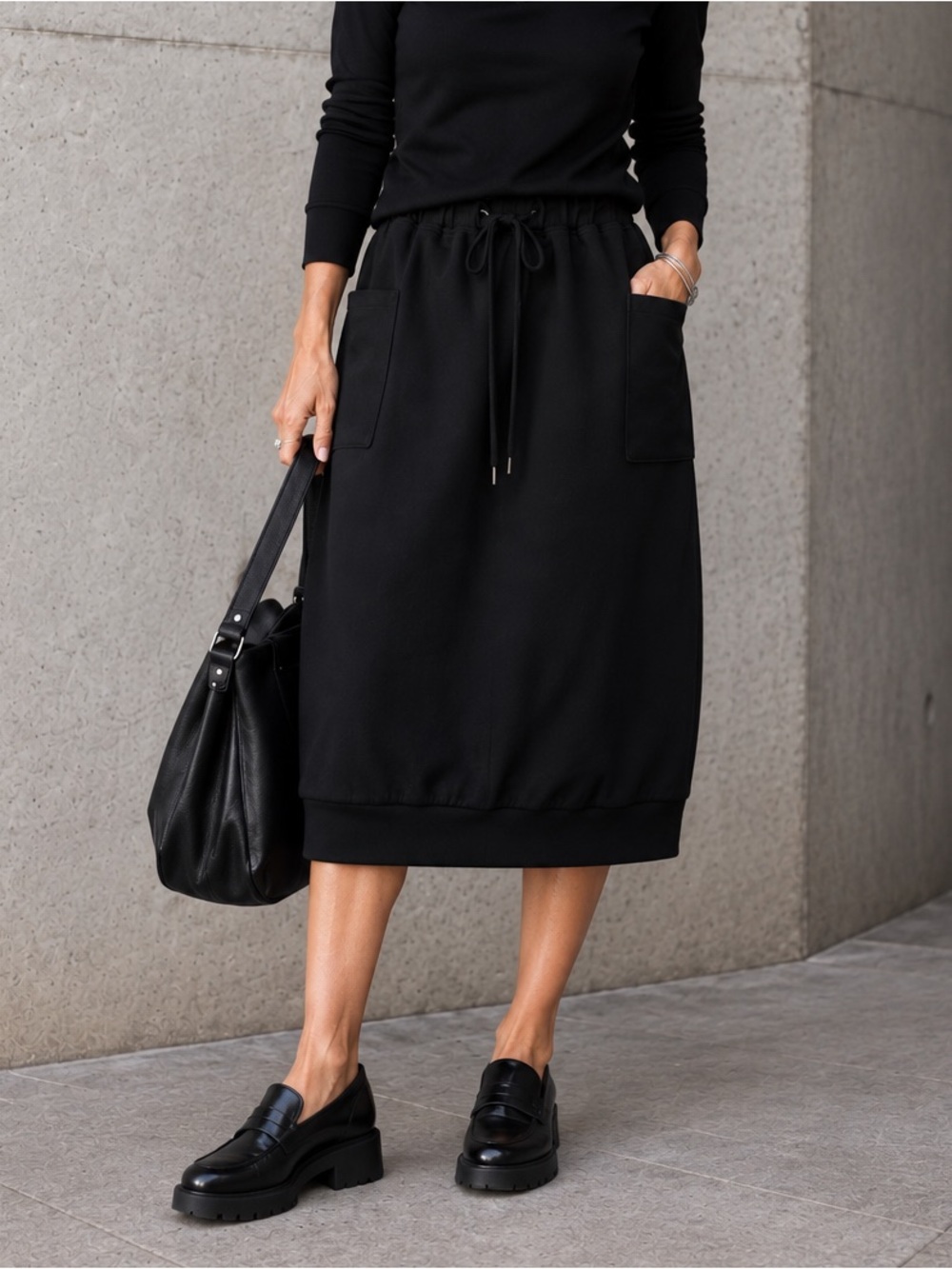 POUPINE Black Cocoon Midi Skirt S/M French Terry Utility Pockets Lagenlook Korea